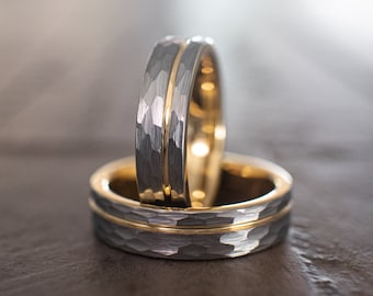 Silver HAMMERED Gold Tungsten Carbide Unisex Band, 6mm Tungsten Wedding Ring, Wedding Band