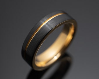 6mm Black Gold Obsidian Tungsten Wedding Band, Mens Ring