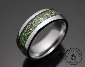 Anel de casamento em tungstênio prateado com ágata musgosa, 8 mm de largura - Anel masculino