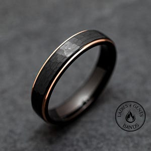 Black Obsidian Rose Gold Tungsten Carbide Ring, Black Hammered Wedding Band for Men, 5mm width ring, Wedding Ring Gift
