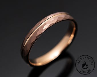 Anillo de boda de tungsteno color oro rosa martillado de 4 mm color café, anillo de bronce marrón