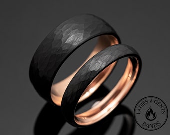 4mm/8mm Hammered Obsidian Rose Gold Tungsten Wedding Ring Set His and Hers, Black Hammered wedding band set