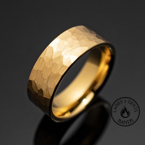 Gold Hammered Tungsten Wedding Band Ring in 8mm Width
