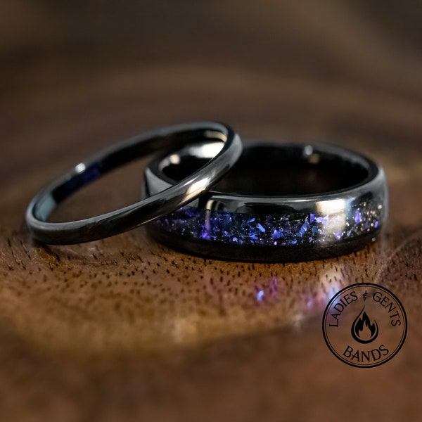 Black Nebula Orion Obsidian Tungsten Wedding Ring Set His and Hers, 2mm/6mm bands