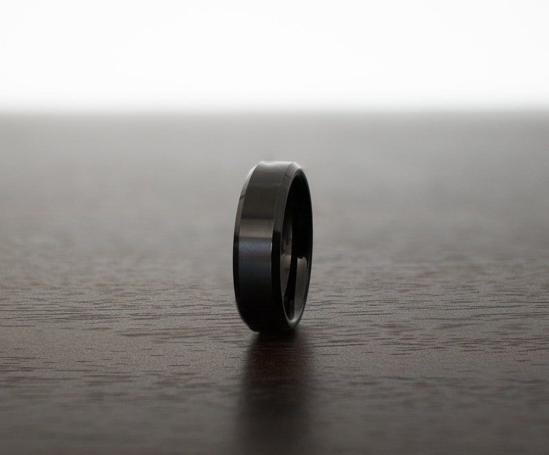 Black Obsidian Sleek Tungsten Ring, Design 6mm Beveled Edges, rings for men, rings for women, anniversary, wedding band, engagement band image 1