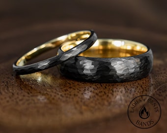 Hammered Black Obsidian Gold Tungsten Wedding Ring Set His and Hers, 2mm/6mm Bands