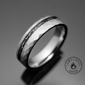 6mm METEORITE Wedding Ring | Silver Custom Men Tungsten Band - Mens Meteorite Ring | Silver Meteorite Wedding Band for Men meteorite inlay image 9