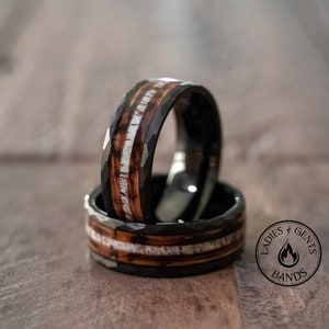 8mm Charred Whiskey Barrel and Antler inlay Black Mens Unisex Wedding Band