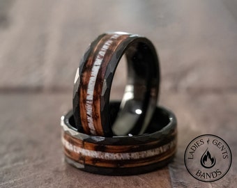 8mm Charred Whiskey Barrel and Antler inlay Black Mens Unisex Wedding Band