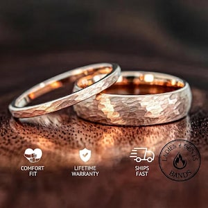 May include: Two textured, rose gold wedding bands. One band is thin, the other is wider. The rings have a hammered finish. The image includes the text "Comfort Fit", "Lifetime Warranty", "Ships Fast", and "Ladies & Gents Bands".