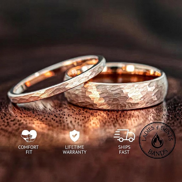 2mm & 6mm Rose Gold Hammered Tungsten Wedding Ring Set His and Hers|2mm/6mm Bands Active |Rose gold wedding ring set|Rose Gold Wedding Bands