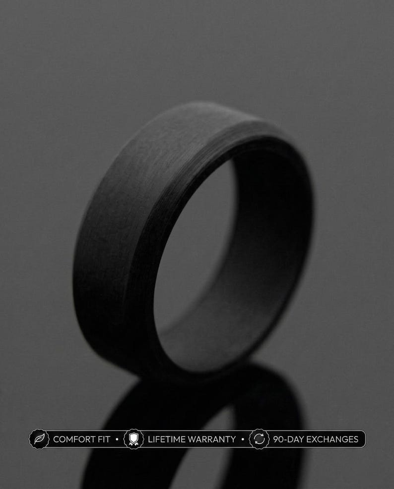 A black ring is shown against a dark background, with a focus on its details and texture.