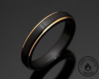 Black 4mm Obsidian Gold Tungsten Carbide Ring, Black Wedding Bands for her, 4mm width ring, Wedding Ring Gift