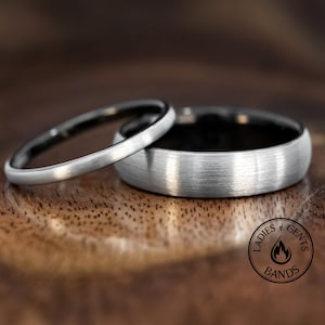 Silver Brushed Obsidian-Style Tungsten Wedding Ring Set His and Hers, 2mm/6mm Bands with Black Inlay