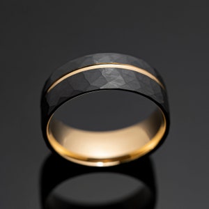 8mm Black Hammered Gold Obsidian Tungsten Wedding Band, Mens Ring image 2