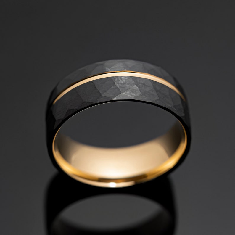 8mm Black Hammered Gold Obsidian Tungsten Wedding Band, Mens Ring image 2