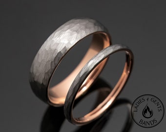 Hammered Silver Rose Gold Tungsten Wedding Ring Set His and Hers, 2mm/6mm Bands Active