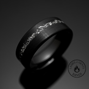 8mm Black Meteorite Brushed Wedding ring, Black obsidian sandblasted Mens Wedding Band