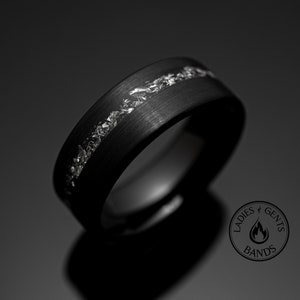 8mm Black Meteorite Brushed Wedding ring, Black obsidian sandblasted Mens Wedding Band