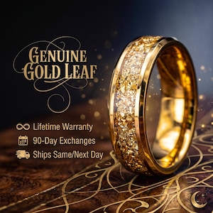 May include: A gold ring with a band of genuine gold leaf. The ring is highly polished and reflects light. The words "GENUINE GOLD LEAF" are in gold script above the ring. The ring is on a dark background.