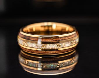 8mm 18k Gold Leaf Tungsten Wedding Ring | White Opal and Whiskey Wood Band | Whiskey Barrel Ring
