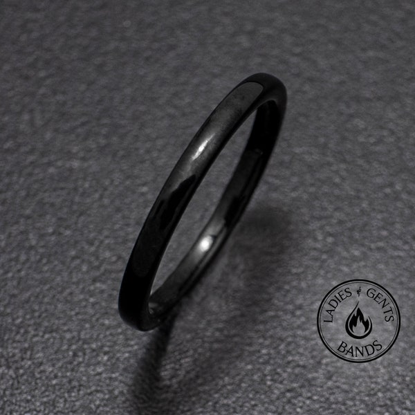 Black Obsidian Sleek Tungsten Ring, 2mm Round Dome Design, rings for men, rings for women, anniversary, wedding band, engagement band
