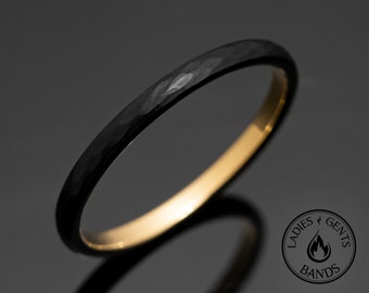 Black Obsidian Gold Hammered Tungsten Ring, 2mm Round Dome Design, wedding band, unisex engagement ring