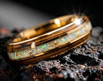 Whiskey Barrel Ring, Gold and Opal Accent, Wood Wedding Band 18k 6mm Width | Nature-Inspired Gold Tungsten Unique Mens Engagement Band