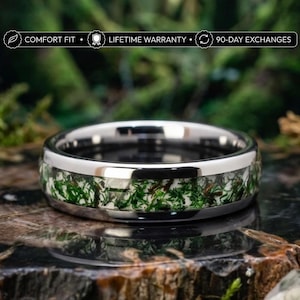 Moss Agate Ring Silver 6mm Tungsten Wedding Ring | Mens & Womens Ring - mens moss agate ring - moss agate mens ring - nature inspired band
