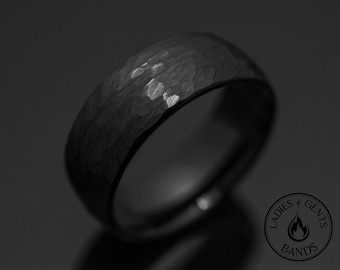 8mm Hammered Black Obsidian Brushed Tungsten Carbide Unisex Wedding Band Ring, 8mm Tungsten Ring, Womens Ring, Mens Band