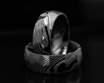 Black Damascus Steel Hammered Ring | Unique Mens Wedding Band Black Steel Ring in 8mm Width