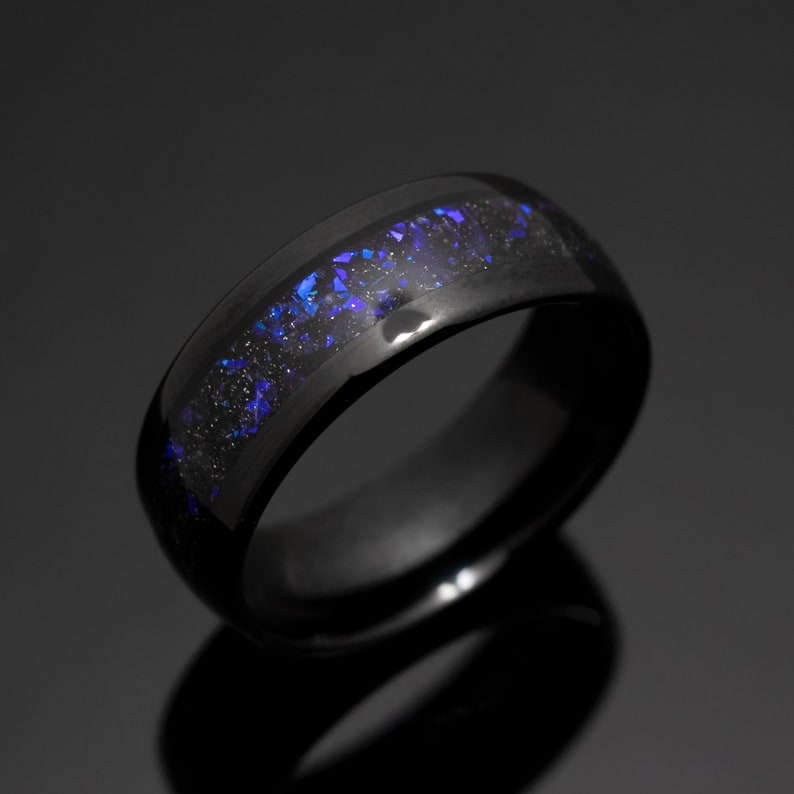 8mm Black POLISHED Orion Nebula Obsidian-style Wedding Ring, blue sandstone Wedding Band, Tungsten Carbide Unisex Ring image 2