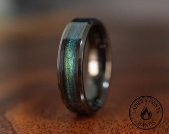 Space Ring with Green Blue Sand Inlay in 6mm Width | Tungsten Unique Mens Wedding Band for Him | Space Ring