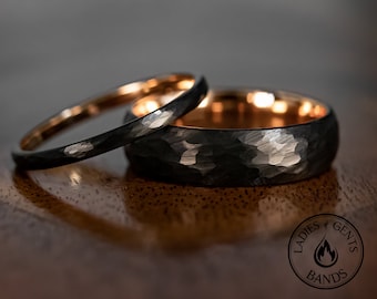 Hammered Black Tungsten Wedding Ring Set with Rose Gold Inlay