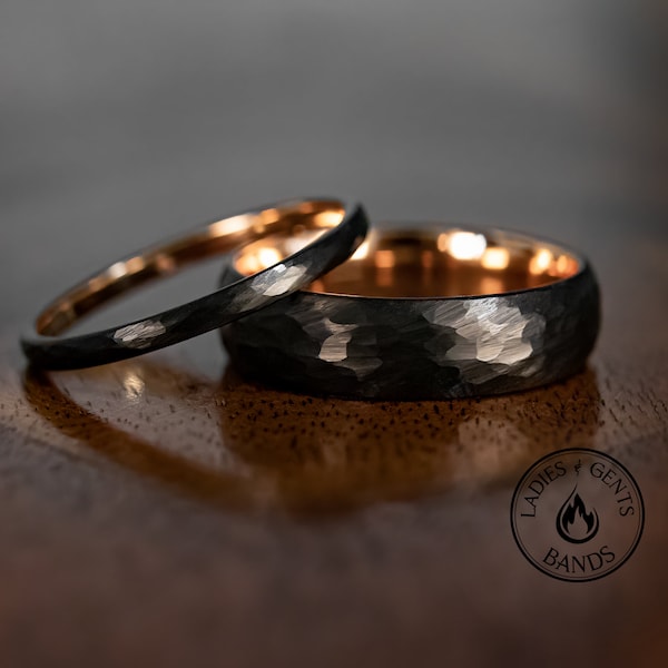 Black Hammered Obsidian Rose Gold Tungsten Wedding Ring Set His and Hers, 2mm/6mm Bands Active