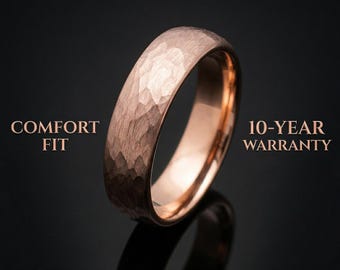 Hammered Rose Gold Tungsten Wedding Ring, 6mm Rose Gold Wedding Band for him, Gift for him, Men's Wedding Ring