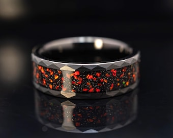 Black Garnet Ring, Tungsten Wedding Band with Red Gemstone Inlay, Mens Wedding Ring, Red Ring Garnet in 8mm width