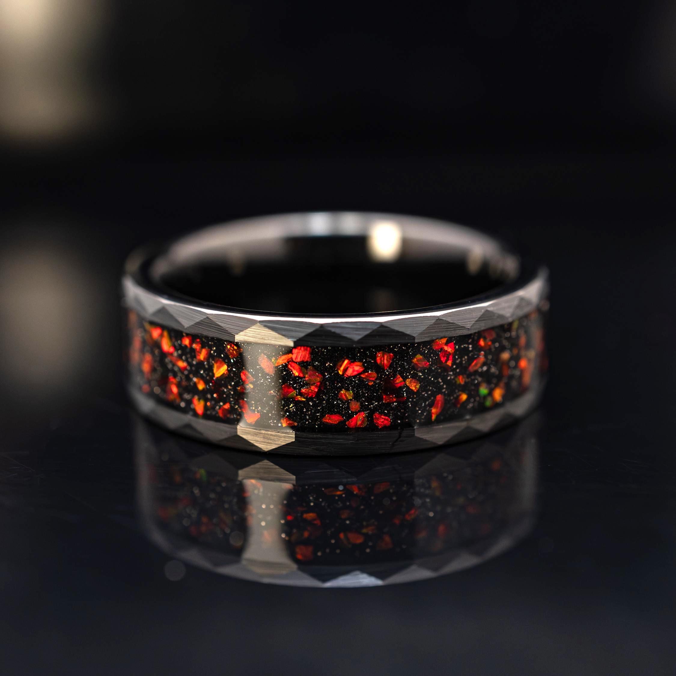 Black Garnet Ring, Tungsten Wedding Band With Red Gemstone Inlay