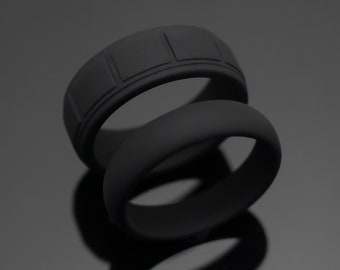 Mens Silicone Ring Set, Two Black Onyx Silicone Bands for Him