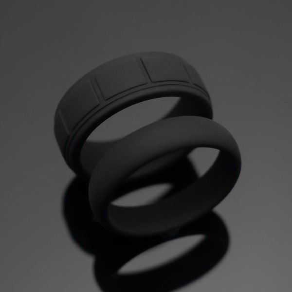 Mens Silicone Ring Set, Two Black Onyx Silicone Bands for Him