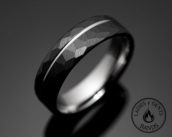 6mm Black Hammered Silver Obsidian Tungsten Wedding Band, Mens Ring