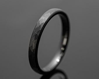 3mm Black Hammered Tungsten Wedding Band Ring | Him or Her
