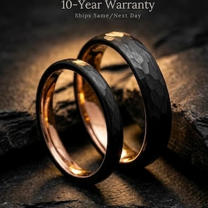 2mm/4mm Hammered Obsidian Rose Gold Tungsten Wedding Ring Set His and Hers, Black Hammered wedding band set