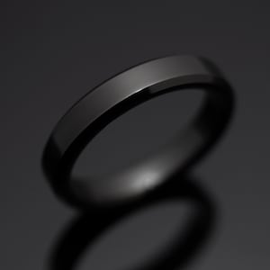 Black Obsidian Polished Tungsten Ring, 4mm Unisex beveled black wedding band ring