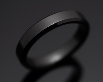 Black Obsidian Polished Tungsten Ring, 4mm Unisex beveled black wedding band ring