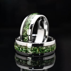 8mm Moss Agate Ring Silver Tungsten Wedding Ring - Mens & Womens Ring
