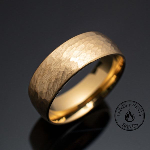 8mm Gold Hammered Tungsten Wedding Band, Mens Wedding Ring Unisex Engagement Gift