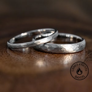 Silver Hammered Wedding Ring Set His and Hers, 2mm 4mm Tungsten Bands Active