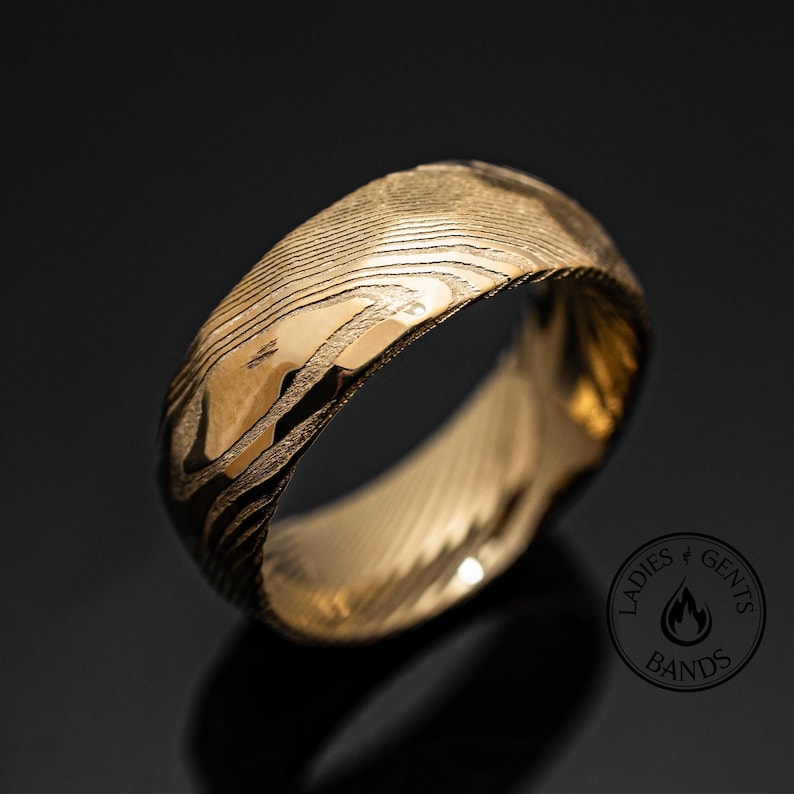 Gold Damascus Steel Hammered Ring | Unique Mens Wedding Band Gold Steel 8mm Ring image 7