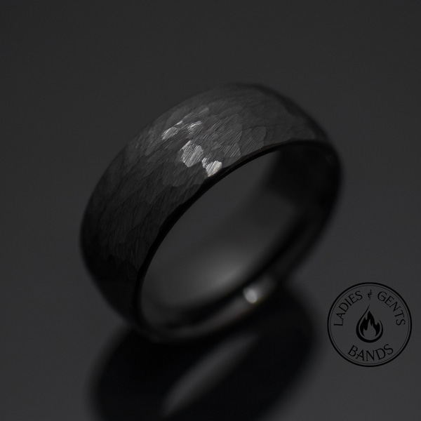 8mm Hammered Black Obsidian Brushed Tungsten Carbide Unisex Wedding Band Ring, 8mm Tungsten Ring, Womens Ring, Mens Band